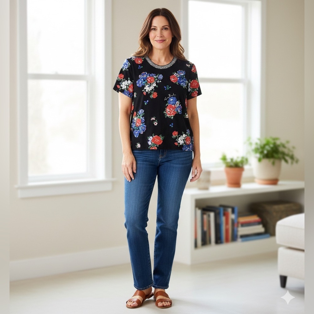 Tory Burch Floral Embellished T-Shirt - Size L